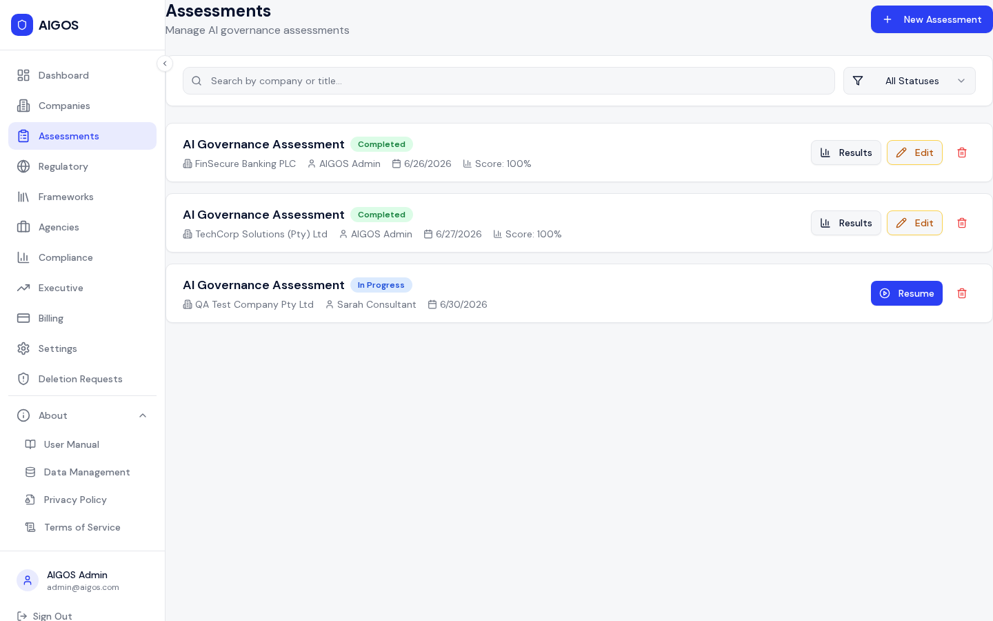 AIGOS assessment engine listing AI governance assessments with status tracking