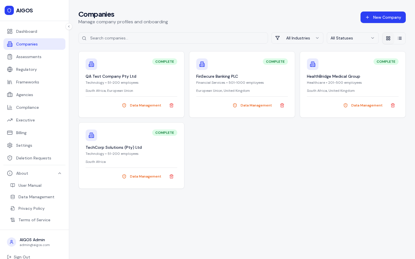 AIGOS company management dashboard showing client portfolio with status tracking