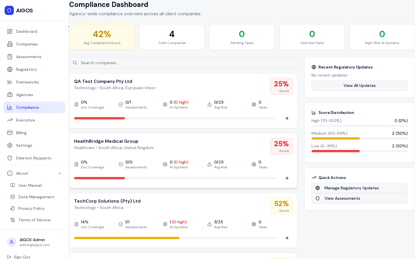 AIGOS compliance module showing governance document generation and management